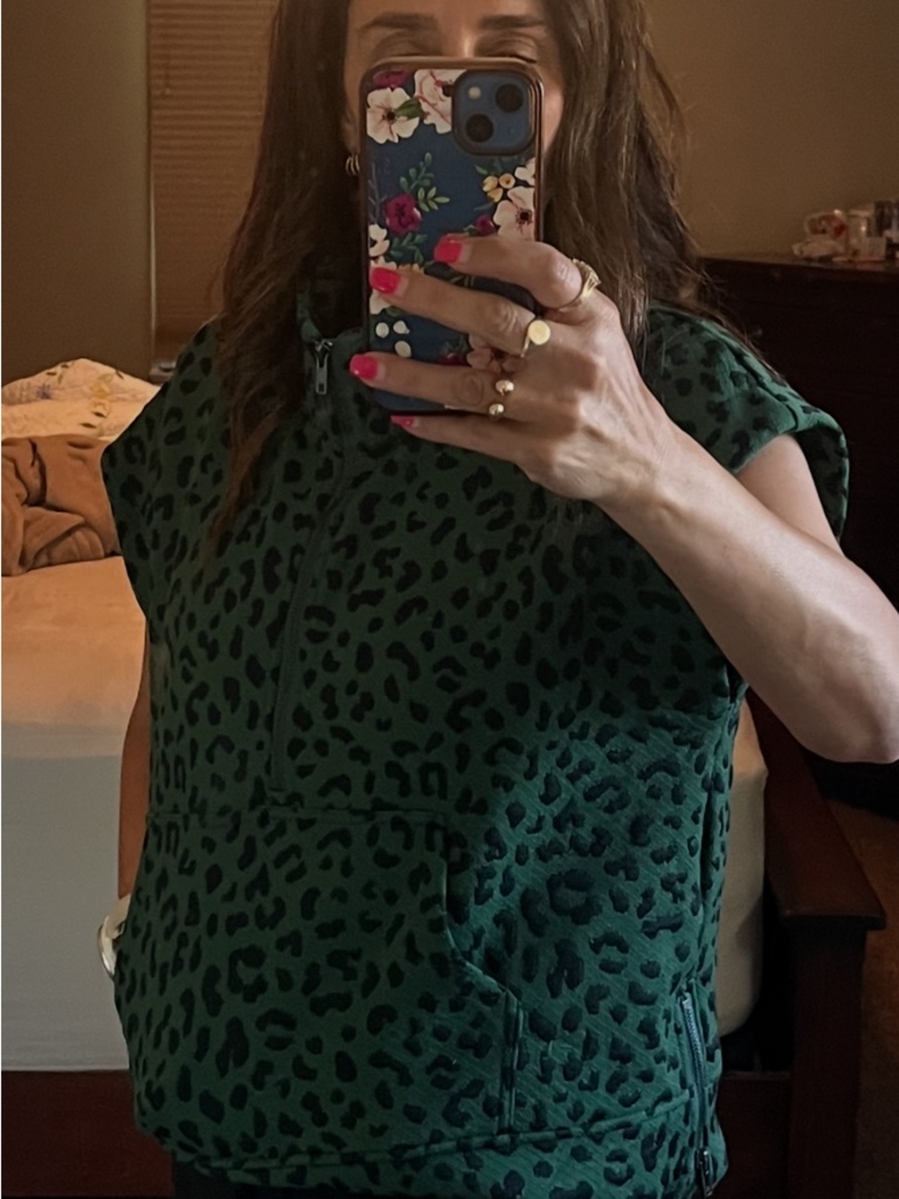 Green Leopard-Print quarter zip   Top